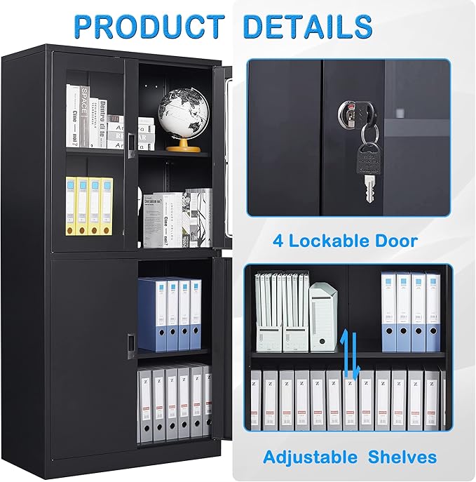 Letaya Storage Cabinet with Doors and Shelves,71" Steel Locker Acrylic Glass Door with Lock, for School Home Office