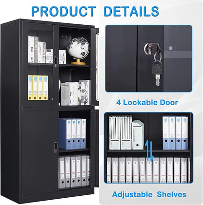 Letaya Storage Cabinet with Doors and Shelves,71" Steel Locker Acrylic Glass Door with Lock, for School Home Office
