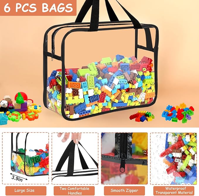6 Packs Large Toy Storage Bags with Labels, Reusable Clear PVC Board Game Storage, Travel Waterproof Organizer Bags with Zipper for Building Blocks, Puzzle, Kids Books