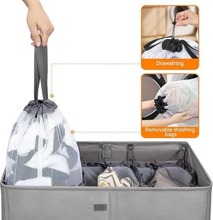 WOWLIVE Laundry Hamper with Lid,160L Large Laundry Basket 3 Section with Removable Washing Bags,Collapsible Waterproof Dirty Clothes Hamper for Laundry Room Bathroom Dorm,Grey