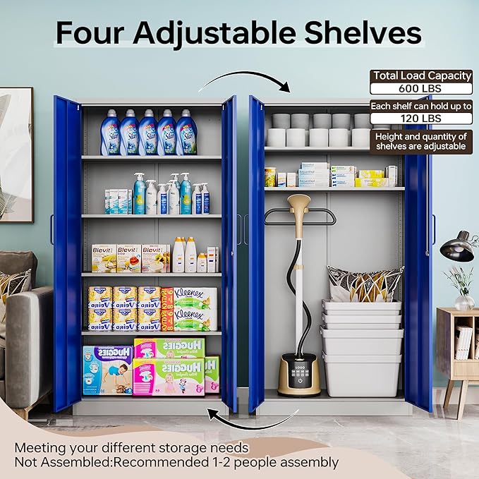 Metal Storage Cabinet with Lock, 71" Black Garage Cabinets with 2 Doors and 4 Adjustable Shelves, Steel Locking Caninet Tall Tool Storage Cabnet, Lockable File Caninets for Home Office, Pantry