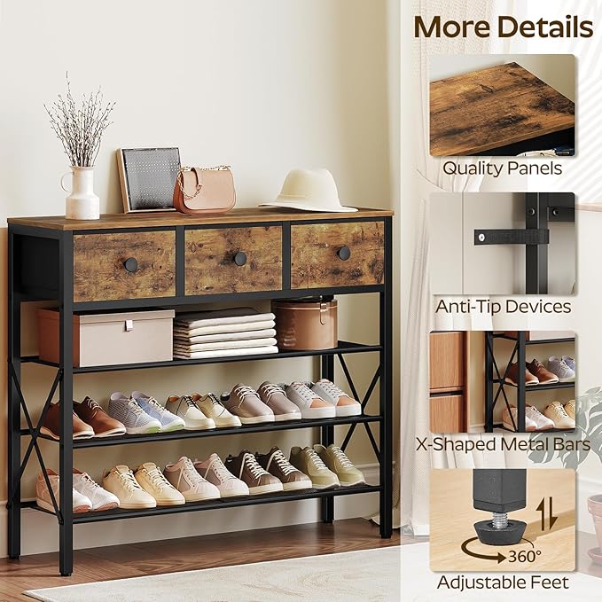 4-Tier Shoe Rack with 3 Drawers, Metal Shoe Organizer for 15 Pairs with Storage Shelves and Wooden Top, for Entryway, Hallway, Foyer, Closet, Rustic Brown and Black SS34BR
