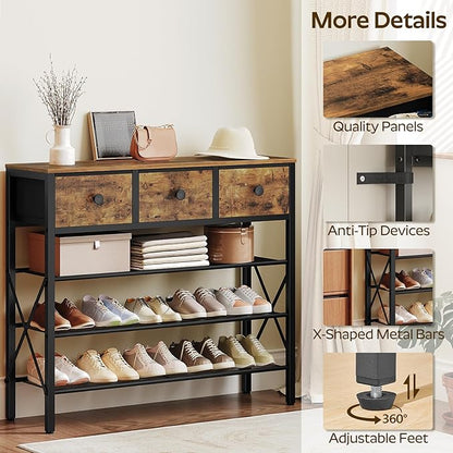 4-Tier Shoe Rack with 3 Drawers, Metal Shoe Organizer for 15 Pairs with Storage Shelves and Wooden Top, for Entryway, Hallway, Foyer, Closet, Rustic Brown and Black SS34BR