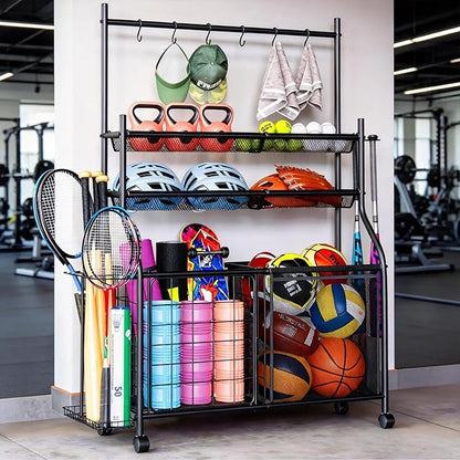 Large Sports Organizer for Garage, Ball Storage Rack Garage Sports Equipment Organizer with Side Racks, Baskets, Hooks, Multi-Purpose Golf Gear Storage for Gym Indoor Outdoor