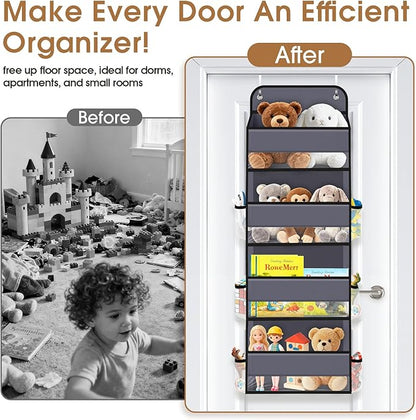 WISELIFE Over The Door Organizer Storage with 4 Large Pockets Door Hanging Organizer with Clear Windows behind The Door Storage for Nursery Bedroom Bathroom Pantry Closet and Baby Essentials Dark Grey