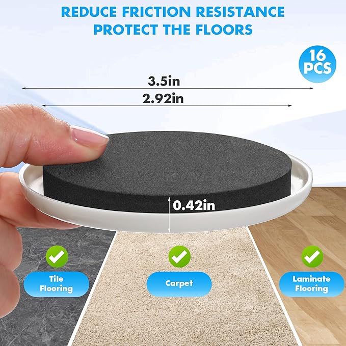 16-Pack Furniture Movers Sliders for Carpet & Hardwood Floors, Save 80% Effort Safely and Easily, The Glide Tool Set for Heavy Furniture and Appliances, Reusable Moving Pads (16 Plastic 3.5" Sliders)