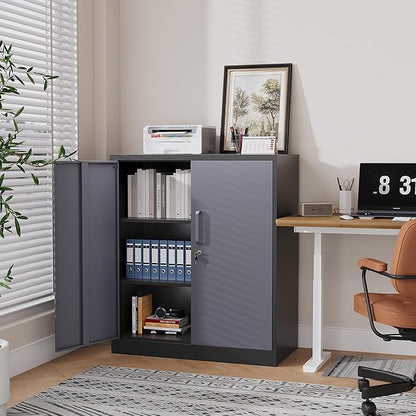 36" H Metal Storage Cabinet, Black Metal Cabinet with 2 Lockable Doors and 2 Adjustable Shelves, Garage Storage Cabinet for Home Office, Garage, School, Apartment, Warehouse