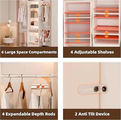Closet System, Closet Organizer System With Adjustable Shelves, Walk-In Closet Storage System With 5 Hanging Rods, Adjustable Cloth Garment Rack, Fits Spaces 4 to 9FT, White