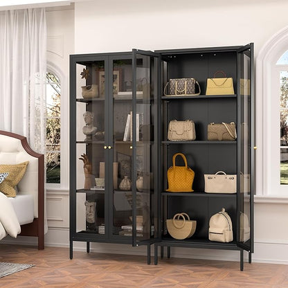 Display Cabinet with 3 Side Tempered Glass, 66" Tall Curio Cabinet with Glass Doors, Black Display Case for Collectibles, Metal Storage Cabinet & Bookcase for Living Room, Assemble Required