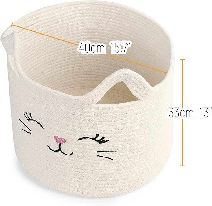 LotFancy Cat Toy Organizer, Cotton Rope Animal Basket with Handle, Cat Toys Storage Bin for Pets, Cute Woven Containers Holder for Playing Room, Kids Bedroom, 15.7x13''(H)