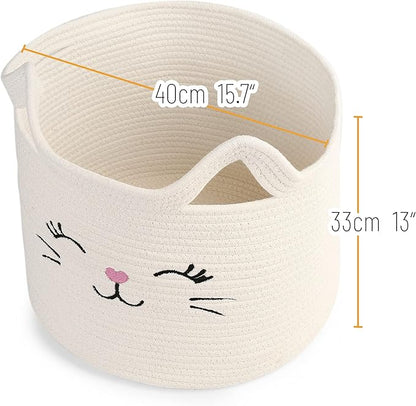 LotFancy Cat Toy Organizer, Cotton Rope Animal Basket with Handle, Cat Toys Storage Bin for Pets, Cute Woven Containers Holder for Playing Room, Kids Bedroom, 15.7x13''(H)