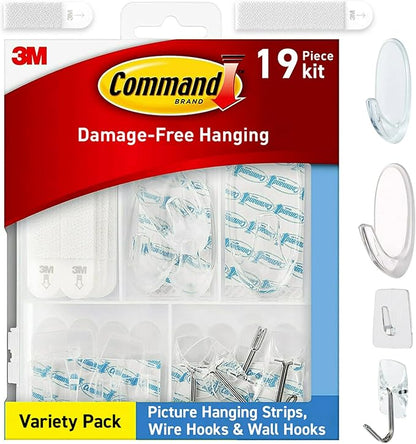 Command Clear Variety Pack, Including 8 Pairs of Picture Hangers, 4 Clear Wire Hooks and 11 Wall Hook for Hanging Home Decor, Damage-Free Hanging Up to 19 Items with Command Strips
