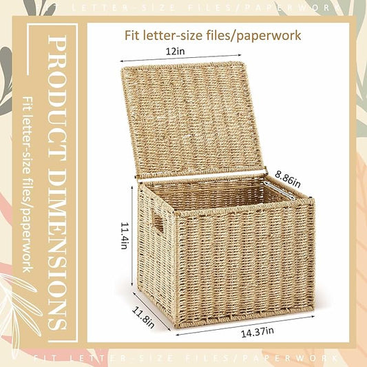 2 Pack Paper Rope File Box Organizers Collapsible Letter Size Filing Cabinet with Lid Woven Hanging File Basket Portable Decorative Document Storage Box for Office/Decor/Home (Letter Size)