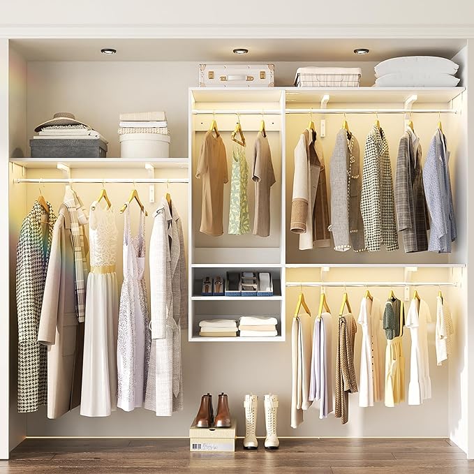 96 Inch Hanging Closet System, 8 FT Closet Organizer System with Hanging Rod, Walk In Mounted Closet System, Built-In Clothes Garment Rack with 3 Shelving Towers(Can Be Cut To Fit), White
