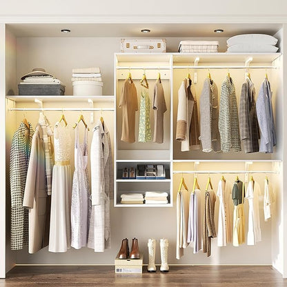 96 Inch Hanging Closet System, 8 FT Closet Organizer System with Hanging Rod, Walk In Mounted Closet System, Built-In Clothes Garment Rack with 3 Shelving Towers(Can Be Cut To Fit), White