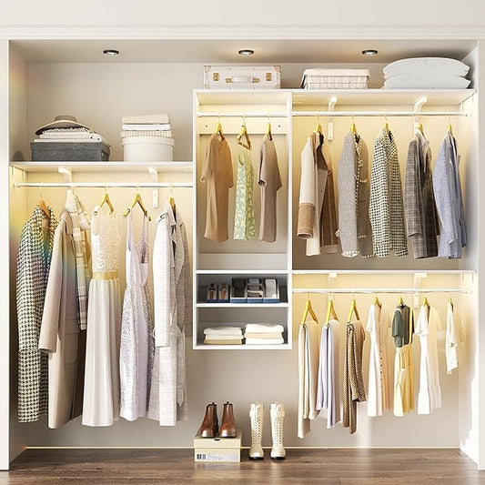 96 Inch Hanging Closet System, 8 FT Closet Organizer System with Hanging Rod, Walk In Mounted Closet System, Built-In Clothes Garment Rack with 3 Shelving Towers(Can Be Cut To Fit), White