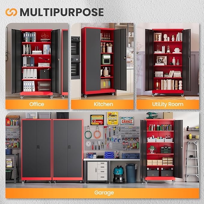 Garage Cabinet with Wheels and Adjustable Shelves, Metal Garage Storage Cabinets with 2 Doors, Storage Caninet with Lock, Heavy Duty Tool Cabnet for Workshop/Home/Office-(Black Red 75”H)