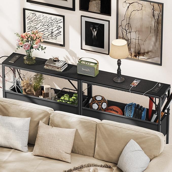 31.5" Console Table, 9.5" D Entryway Table with Power Outlets & USB Ports & Fabric Basket, Narrow Sofa Table for Hallway, Foyer, Living Room, Black