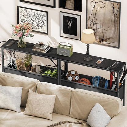 31.5" Console Table, 9.5" D Entryway Table with Power Outlets & USB Ports & Fabric Basket, Narrow Sofa Table for Hallway, Foyer, Living Room, Black