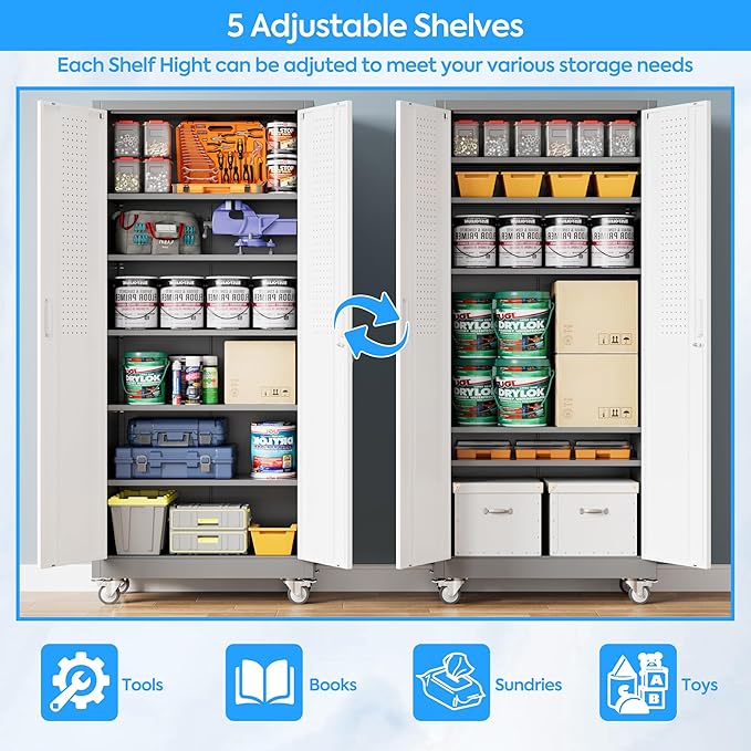 71" H Garage Storage Cabinet with Wheels, Lockable Metal Storage Cabinet with Doors,5 Adjustable Shelves and Pegboard for Garage Home Utility Room,Required Assembly,Grey&White