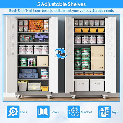 Aobabo Upgrade 71H''*32''W*16''D Metal Garage Storage Cabinet with Wheels and Pegboards, 5 Adjustable Shelves Steel Storage Cabinets for Home,Warehouse,Garage,Assembly Required,Grey and White