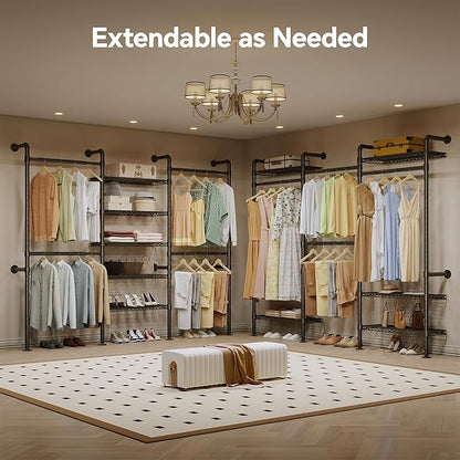 W3 Industrial Pipe Clothing Rack, Wall Mounted Clothes Rack Closet Wardrobe System with Expandable Hanger Rods Adjustable Storage Shelves, Heavy Duty Corner Walk-in Closet System, Black