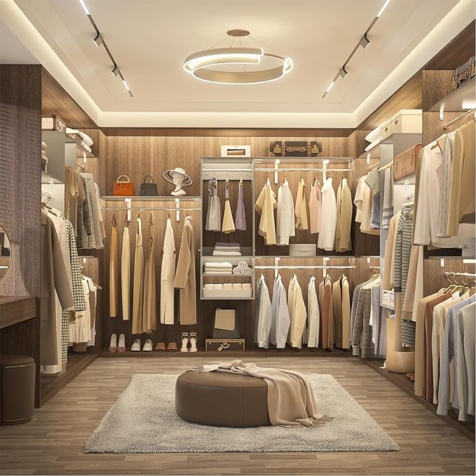 96 Inch Hanging Closet System, 8 FT Closet Organizer System with Hanging Rod, Walk In Mounted Closet System, Built-In Clothes Garment Rack with 3 Shelving Towers(Can Be Cut To Fit), Gray