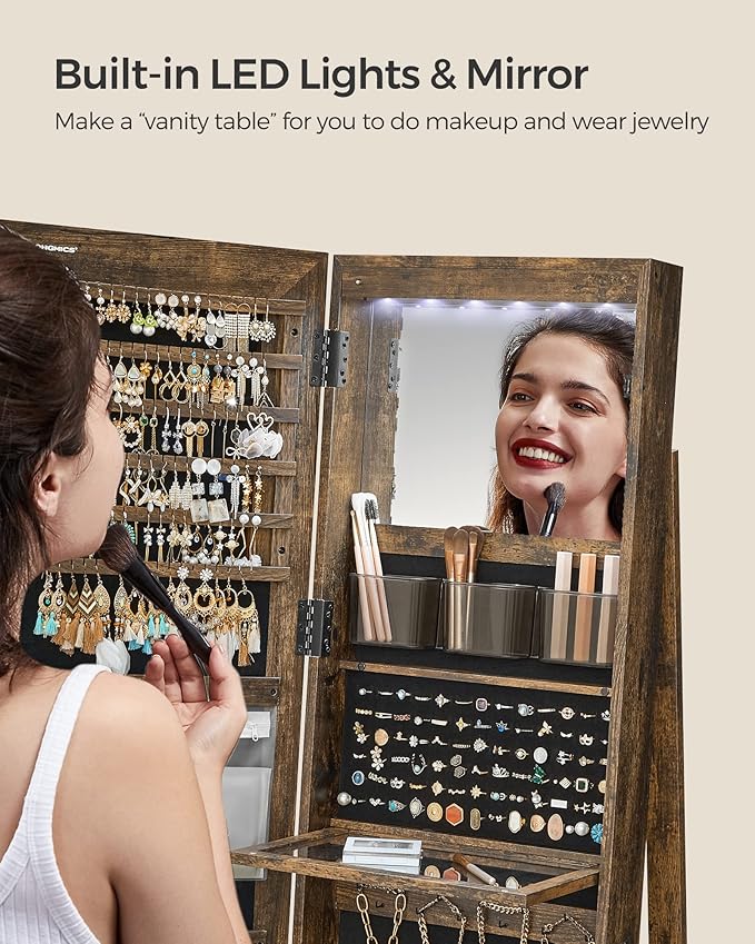 SONGMICS LED Jewelry Cabinet Standing, Lockable Armoire With Full-Length Mirror and Adjustable Lights, Space-Saving Organizer, Gift Idea, Rustic Brown UJJC008X01