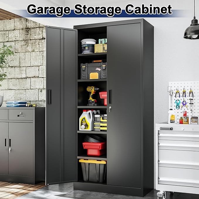 BESFUR Metal Garage Storage Cabinet with Locking Doors and 5 Adjustable Shelves, Black Tall Storage Cabinets, Tool File Lockable Cabinet for Garage Office Warehouse Shop(71”H)