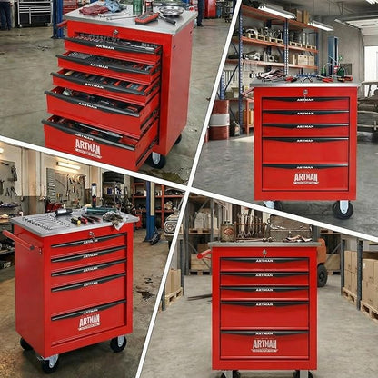5-Drawer Rolling Tool Chest with Stainless Steel Countertop,Tool Chest with Secure Locking System,Mobile Storage Tool Cabinet with 360°Wheels and Padded Feet,for Home,Garage (Red)