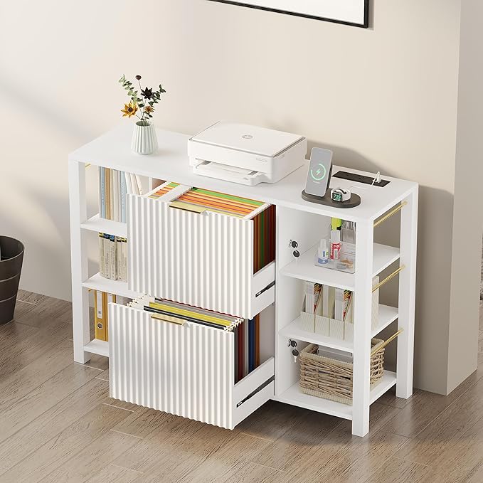 File Cabinet for Home Office, Fluted Filing Cabinet with 2 Drawers Fit Letter/Legal/A4 Folders with Tabs, Printer Stand with Lock & 2 Power Outlets, 6 Shelves (1, White)