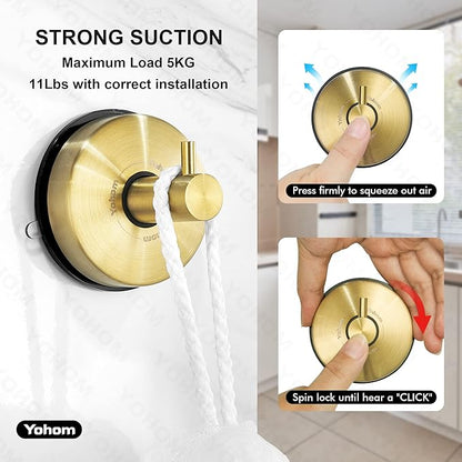YOHOM Suction Cup Hooks for Shower Gold Towel Holder Stainless Steel Vacuum Bathroom Shower Hook Suction Washcloth Hanger Kitchen Towel Rack for Robe Loofah Wreath Glass Door Window Wall Brushed 4Pcs