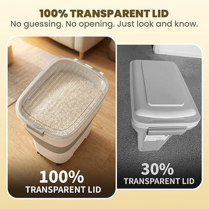 25-40Lbs Rice Container,Collapsible Food Storage Containers with Airtight Clear Lid,Wheels,Rice Storage Container with Small Bin and Scoop,Rice Dispenser for Flour Sugar Cereal Grain Dog Cat