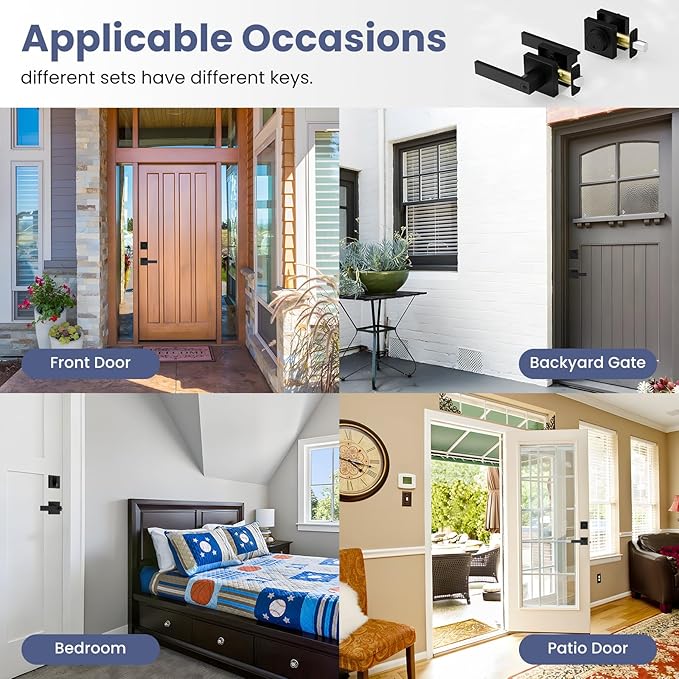 Estmoon Door Locks for Front Door, Matte Black Exterior Door Handle and Single Cylinder Deadbolt Lock, Heavy Duty Modern Square Front Door Handle and Deadbolt Set, Commercial Locks for Doors, 1 Pack