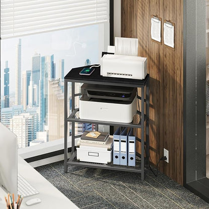 Corner Printer Stand with Charging Station, 3-Tier Large Printer Table with Adjustable Feet, Metal Frame Storage Shelf for Office, Living Room, Small Space, Black PTBK14E01