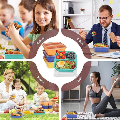 Bento Box For Kids, 4 Pack 3 Compartments Lunchable Meal Prep Containers Lunch Containers, Reusable Snack Containers with Lids, Snack Boxes for School, Work, and Travel