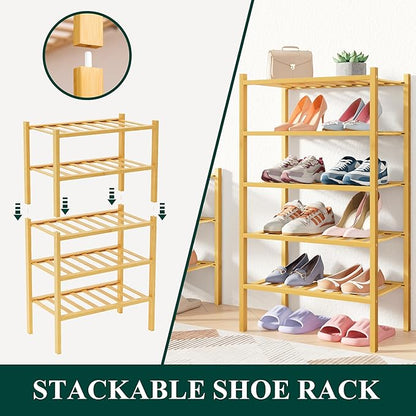 Smiry Bamboo Shoe Rack for Closet, 2 Tier Long Wooden Stackable Shoe Organizer, Free Standing Shoes Storage Shelf for Entryway, Front Door Entrance, Natural