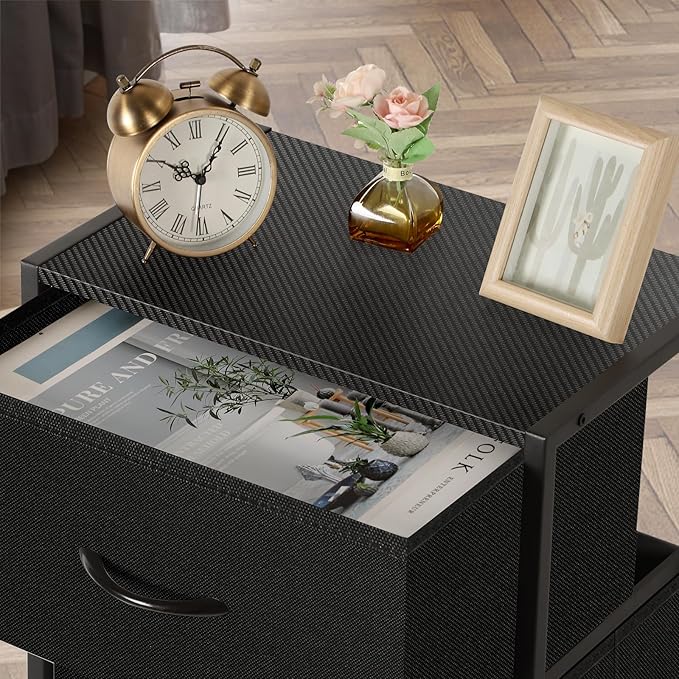 MOOACE 5 Drawer Dresser for Bedroom, Tall Fabric Storage Drawers, Tower Organizer Unit Chest of Drawers with Wooden Top for Closets Living Room Hallway Entryway, Metal Frame, Black