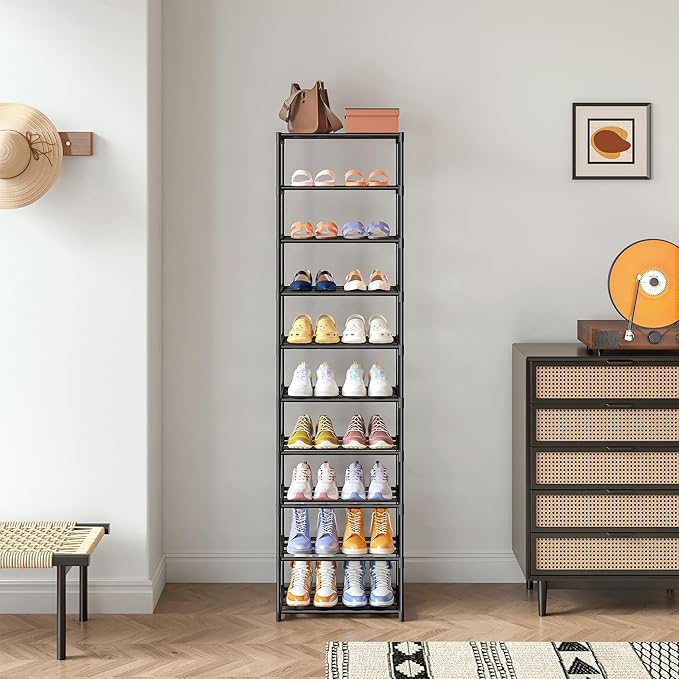 10 Tier Tall Shoe Rack, Narrow Lightweight Shoe Shelf, Compact Vertical Shoe Stand, Small Space Saving for Closet Floor, Dorm Storage Organizer, Front Door Entrance, Entryway