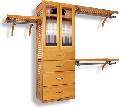 Wood Closet Organizer System with Shelves, 4 Drawers, Door & Hanging Rods - Wall Mounted Walk-in – Honey Maple Finish