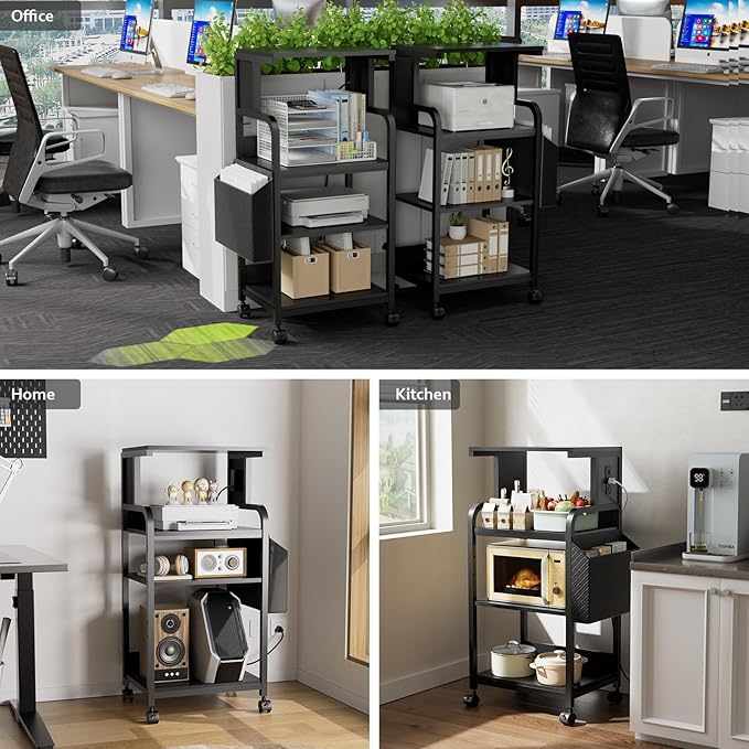 Tall Printer Stand with Storage Adjustable Shelf and Bag, 4-Tier Large Printer Table with Charging Station for Home Office, Printers Cart with Wheels for 3D Shredder Scanner Fax (Black)