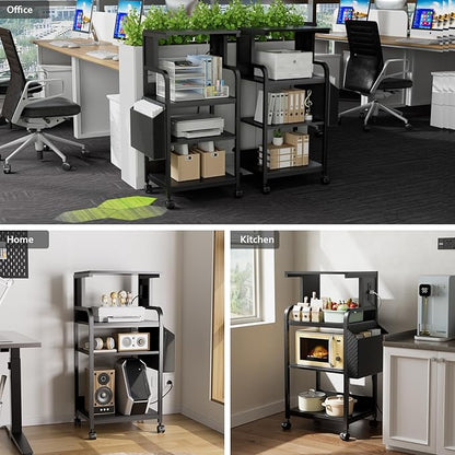 Tall Printer Stand with Storage Adjustable Shelf and Bag, 4-Tier Large Printer Table with Charging Station for Home Office, Printers Cart with Wheels for 3D Shredder Scanner Fax (Black)