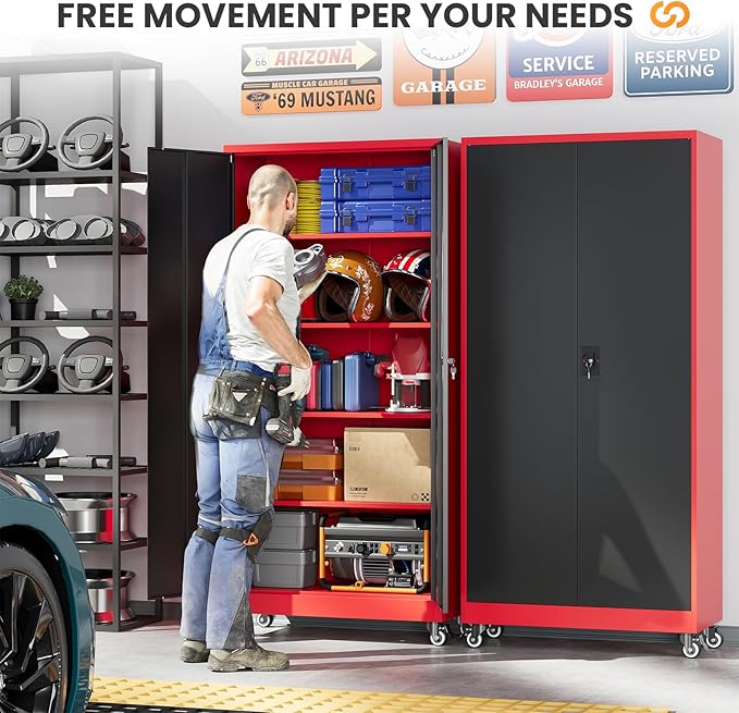 Garage Cabinet with Wheels and Adjustable Shelves, Metal Garage Storage Cabinets with 2 Doors, Storage Caninet with Lock, Heavy Duty Tool Cabnet for Workshop/Home/Office-(Black Red 75”H)