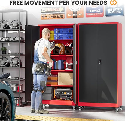 Garage Cabinet with Wheels and Adjustable Shelves, Metal Garage Storage Cabinets with 2 Doors, Storage Caninet with Lock, Heavy Duty Tool Cabnet for Workshop/Home/Office-(Black Red 75”H)