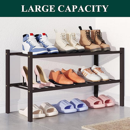 Smiry Bamboo Shoe Rack for Closet, 2 Tier Wooden Stackable Shoe Organizer, Free Standing Shoes Storage Shelf for Entryway, Front Door Entrance, Brown