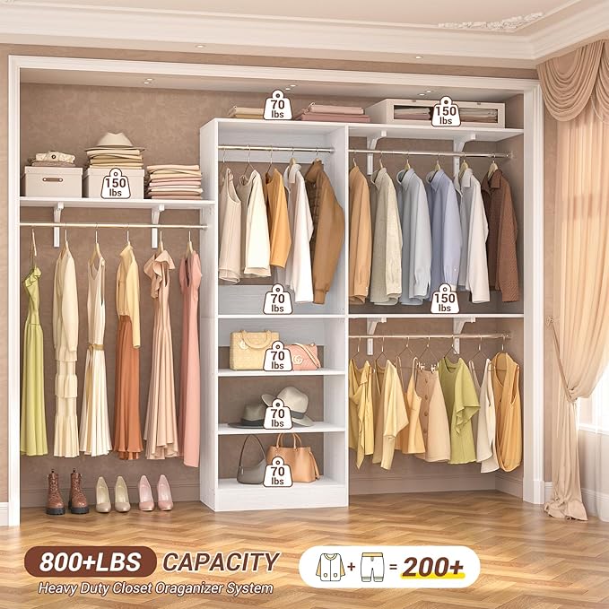 Armocity 96'' Closet System, 8FT Walk In Closet Organizer with 3 Shelving Towers, Heavy Duty Bedroom Wardrobe with 5 Shelves, Wall Mounted Clothes Rack (Can Be Cut To Fit), 96"L x 16"W x 75"H, White