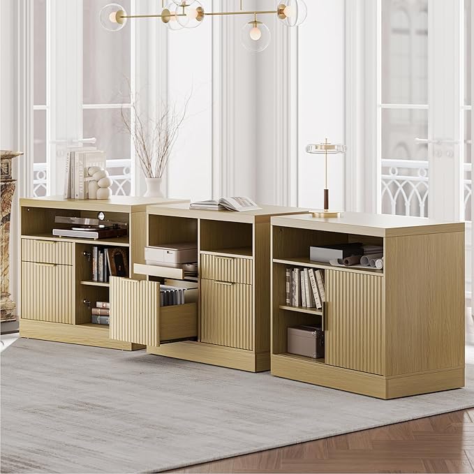 3 Drawer File Cabinet, Fluted Wood Lateral Filing Cabinet with Charging Station for Home Office, Fits for A4/Letter-Sized Files, Printer Stand with Open Storage Shelves, Light Walnut