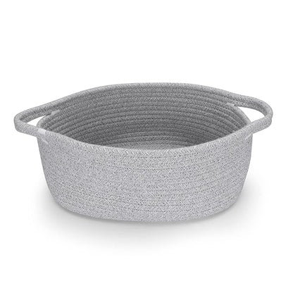 Small Woven Basket Cute Oval Cotton Rope Gifts Basket with Handle Empty Baby Wicker Storage Baskets Nursery Box Bin Kids Organizer Cat Dog Toy Baskets Easter Baskets Grey
