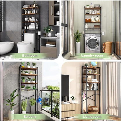 Over-The-Toilet Storage Rack, 4-Tier Bathroom Organizer Shelf Over Toilet with Adjustable Shelf and Basket, Freestanding Space Saver Bathroom Shelves Above Toilet for Room (Vintage Brown)