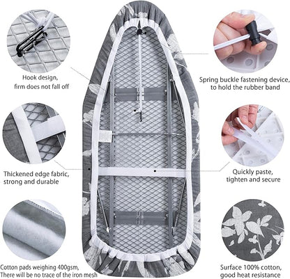 Small Ironing Board Cover Scorch Resistant, Cotton Table top Ironing Board Cover with Padding Heat Reflective Heavy Duty Pad (Grey Floral, 12.5"x32")